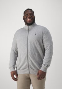 Sudadera gris con cremallera y cuello alto, mangas largas, bolsillos frontales y un pequeño logotipo en el pecho. Tejido suave con puños acanalados.