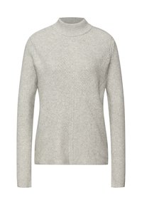 Jasnoszary prążkowany sweter z wysokim dekoltem i długimi rękawami, z ukośnym wzorem i teksturowaną tkaniną.