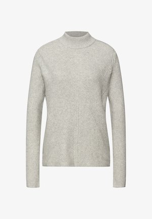 Světlounce šedý žebrovaný svetr s vysokým límcem a dlouhými rukávy, s diagonálním vzorem a texturovanou látkou.