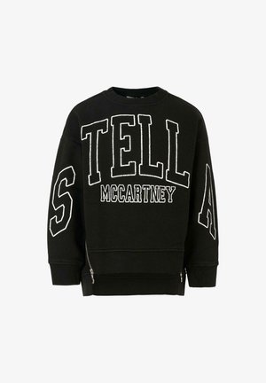 Zwarte katoenen sweatshirt met witte geborduurde letters "STELLA McCARTNEY." Voorzien van zijritsen en een losse pasvorm met geribbelde manchetten.