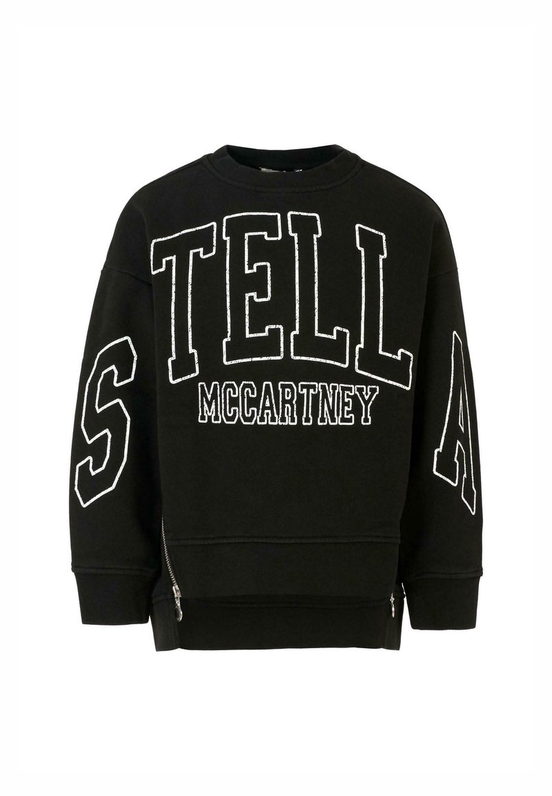 Felpa in cotone nera con lettering bianco a punto ricamo "STELLA McCARTNEY." Presenta zip laterali e una vestibilità comoda con polsini a coste.