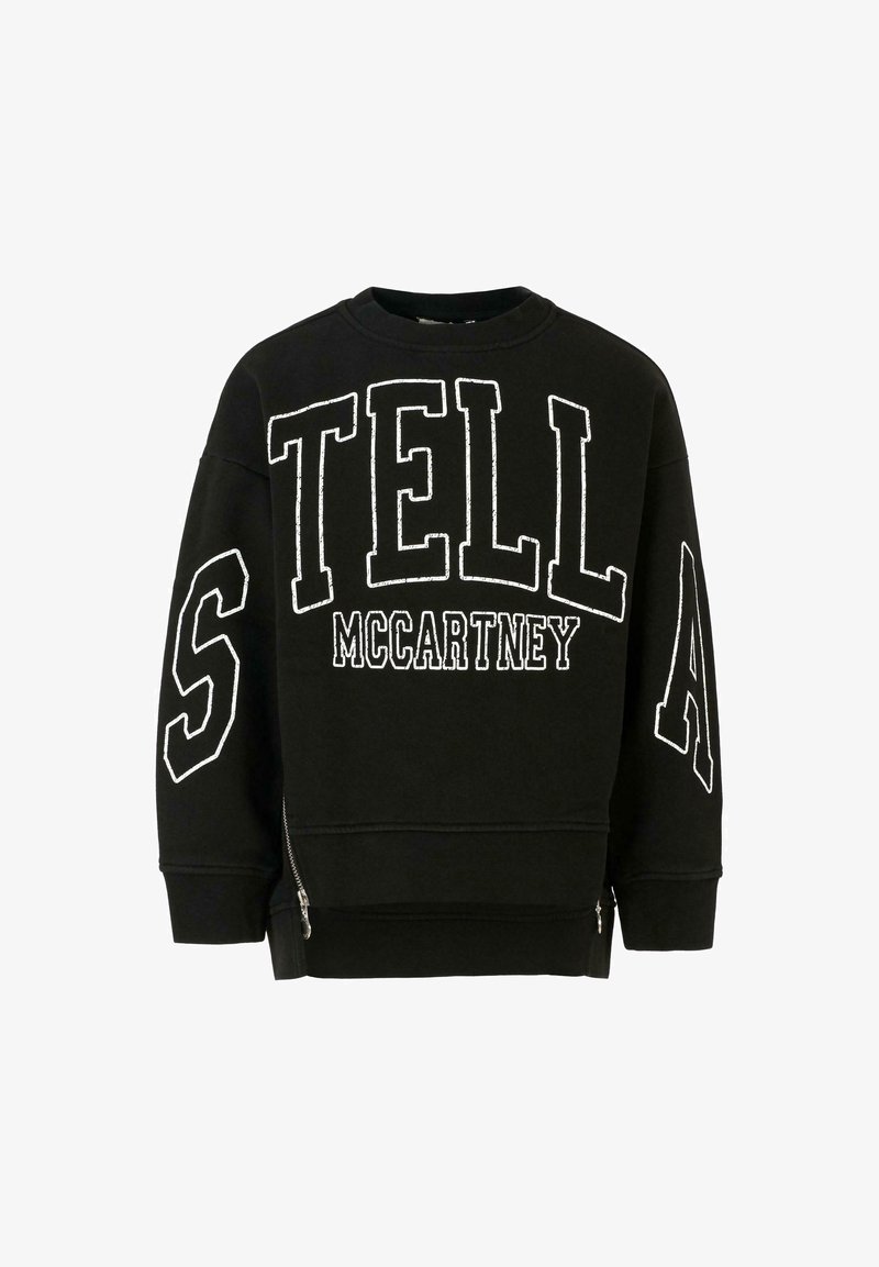 Felpa in cotone nera con lettering bianco a punto ricamo "STELLA McCARTNEY." Presenta zip laterali e una vestibilità comoda con polsini a coste.