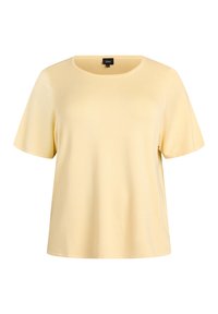 Kurzärmliges, gelbes T-Shirt aus glattem Stoff, mit rundem Ausschnitt und lockerem Schnitt, versehen mit sauberer, schlichter Nahtgestaltung.