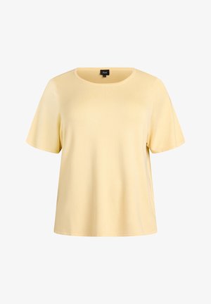 Maglietta gialla a maniche corte realizzata in tessuto liscio, con scollo rotondo e vestibilità rilassata, caratterizzata da cuciture pulite e semplici.