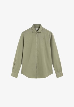 Olivenfarbene Langarmbluse im Button-Up-Stil. Verfügt über einen spitzen Kragen, dezente Stickdetails und ein kleines Logo auf der Brust.