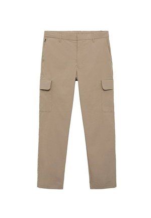 Beige Cargo-Hosen aus weichem Stoff, mit zwei großen Seitentaschen, geradem Bein und normalem Bund.