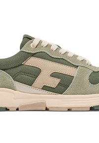 Olive green sneakers with mesh and suede materials, featuring a beige logo, round laces, and a textured sole. Accent stitching visible.