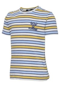 Randig t-shirt i blått, gult och vitt, med rund halsringning och tryckknappar. Liten logotyp på bröstet, mjukt bomullsblandat material.