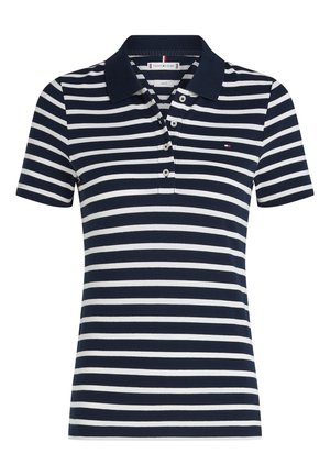 Polo majica kratkih rukava s plavo-bijelim vodoravnim prugama, s tamnoplavim ovratnikom i otvorom s četiri gumba.
