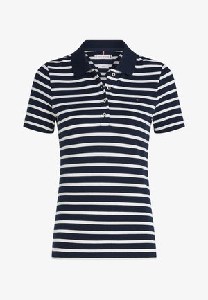 Tricou polo cu mâneci scurte, cu dungi orizontale albastre și albe, cu guler bleumarin și fâșie cu patru nasturi.