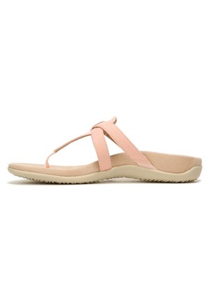 Pink sandal featuring a toe post and crisscross straps, crafted from soft material, with a textured insole and slip-resistant sole.