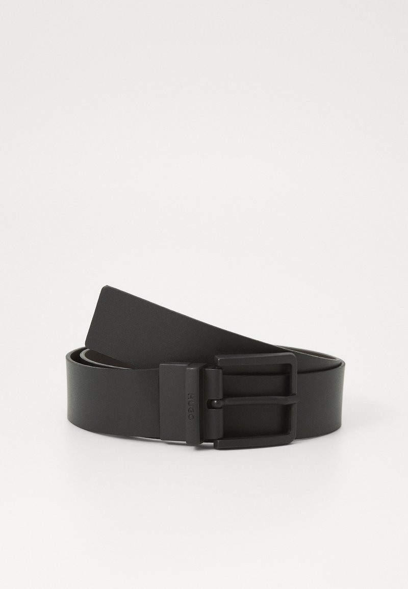 Black leather belt with a smooth finish, featuring a rectangular double-prong buckle and a subtle brand logo near the buckle.