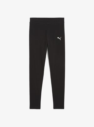 Čierne legíny vyrobené z elastického materiálu, so širokým pásom a bielym logom Puma na ľavom boku. Hladká textúra, priliehavý dizajn.