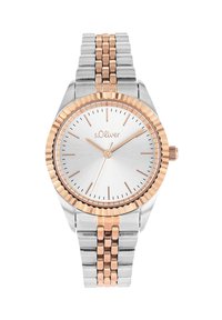 Silberne und roségoldene Metalluhr mit strukturierter Lünette, schlankem runden Ziffernblatt, minimalistischen Stundenmarkierungen und einem zweifarbigen Gliederarmband.