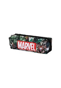 Trousse en forme rectangulaire sur le thème de Marvel, en tissu noir, avec des imprimés colorés de personnages de bande dessinée et un logo "MARVEL" rouge bien visible.