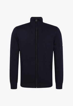 Marine blauwe zip-up cardigan van gestructureerde brei stof, met een hoge kraag, twee voorzakken en ribgebreide manchetten en zoom.