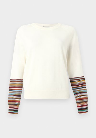 Maglione a maniche lunghe color crema, con polsini a coste e strisce multicolori. Tessuto morbido, colletto a girocollo, vestibilità rilassata.