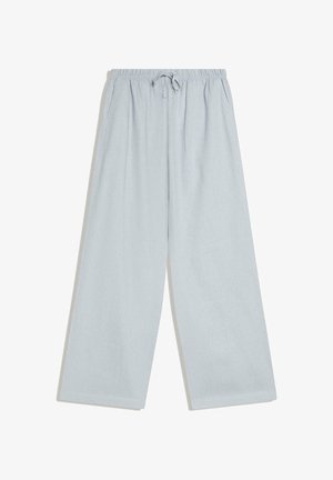 Pantalon bleu clair à jambes larges avec taille élastique et cordon, comprenant des poches latérales et une coupe ample et décontractée.