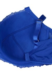 Blue bra with lace trim, smooth fabric, adjustable straps, and a seamless cup design. Key features include intricate stitching and a curved shape.