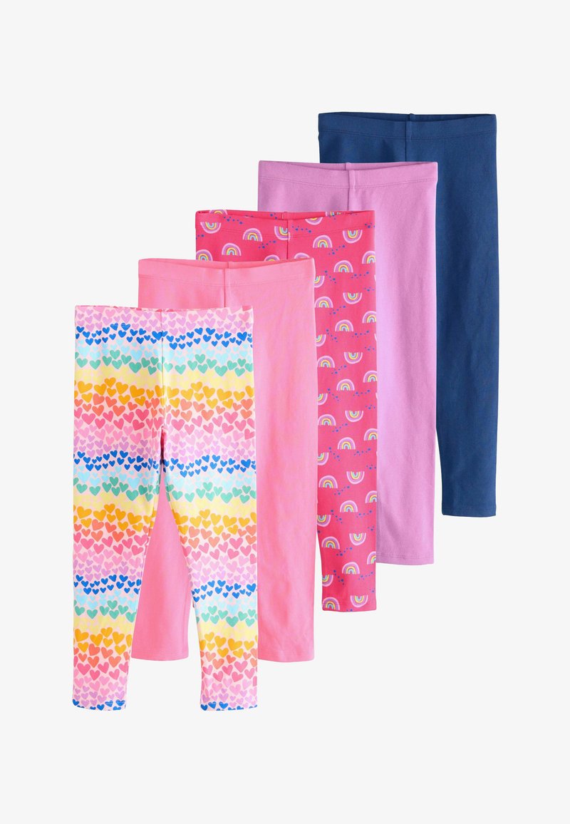 Five pairs of children's leggings in rainbow heart pattern, solid pink, pink with rainbows, solid lavender, and solid navy blue.
