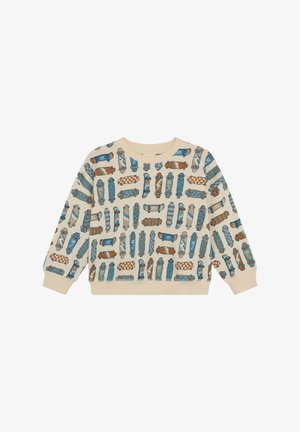 Beige sweatshirt med mønster af forskellige skateboards i blå, brun og orange. Har ribbede manchetter og kant samt rund halsdesign.