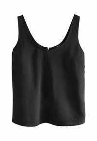 Top senza maniche di colore nero con scollatura rotonda, realizzato in tessuto liscio, caratterizzato da una linea dritta e da un piccolo dettaglio tasca laterale.