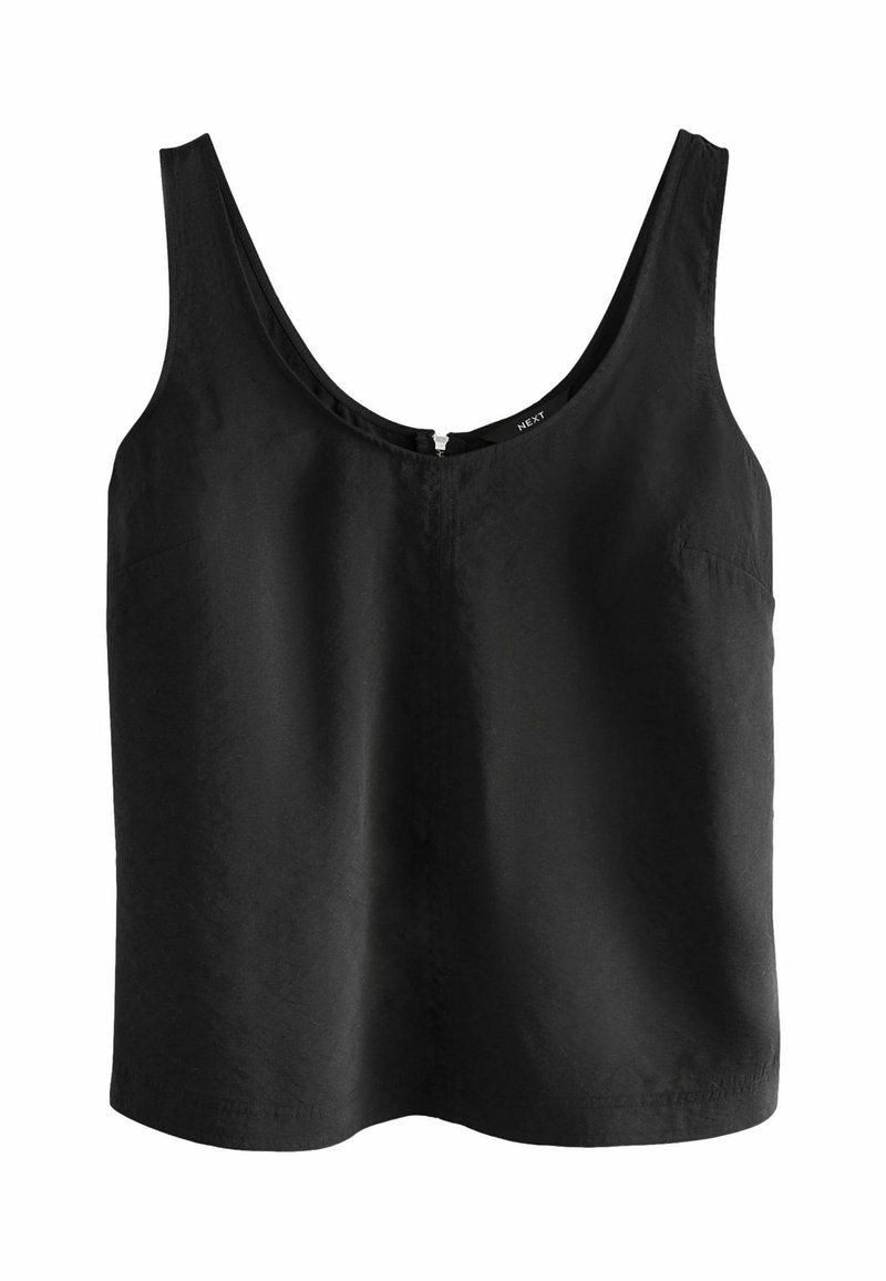 Top senza maniche di colore nero con scollatura rotonda, realizzato in tessuto liscio, caratterizzato da una linea dritta e da un piccolo dettaglio tasca laterale.