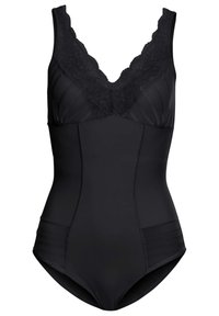 Costume intero nero con scollatura a V in pizzo e spalline, caratterizzato da pannelli in tessuto struttura e lati lisci per un design aderente.