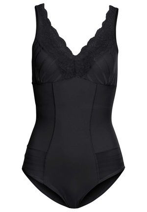 Maillot de bain une pièce noir avec décolleté en V en dentelle et bretelles tank, présentant des panneaux en tissu texturé et des côtés lisses pour un design ajusté.