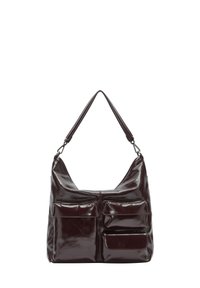 Dunkelbraune Leder-Schultertasche mit drei Fronttaschen, einem einzelnen breiten Träger und silbernen Metallverschlüssen.