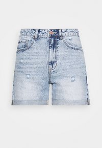 Světle modré džíny šortky s opotřebovaným vzhledem, zdobené ohrnutým lemem, pěti kapsami a kovovým zapínáním.