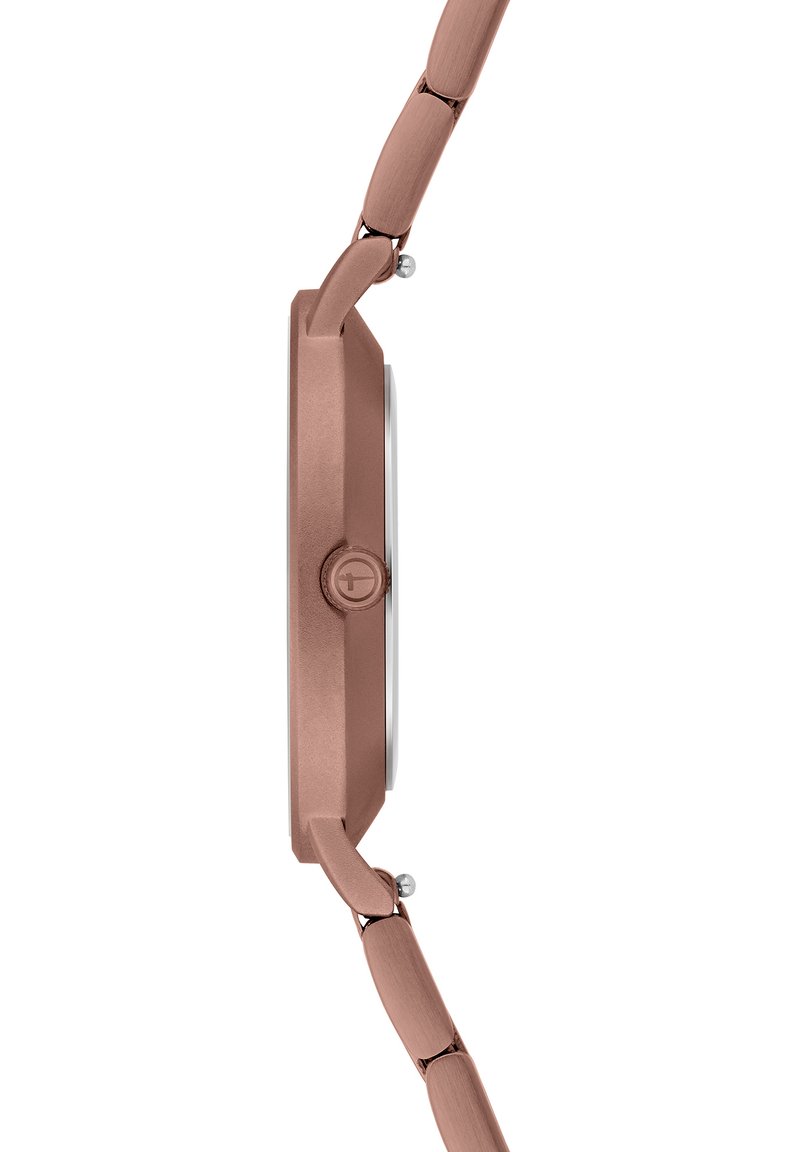 Roségoldenes Metallarmbanduhr mit runder Gehäuseform, glatter Oberfläche und einem einfachen Knopf. Das Armband besteht aus verknüpften Segmenten mit einem eleganten Design.
