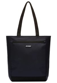 Borsa tote nera con una tasca frontale con zipper, realizzata in tessuto resistente, dotata di due manici robusti e un'etichetta con il logo.