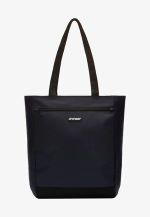Borsa tote nera con una tasca frontale con zipper, realizzata in tessuto resistente, dotata di due manici robusti e un'etichetta con il logo.