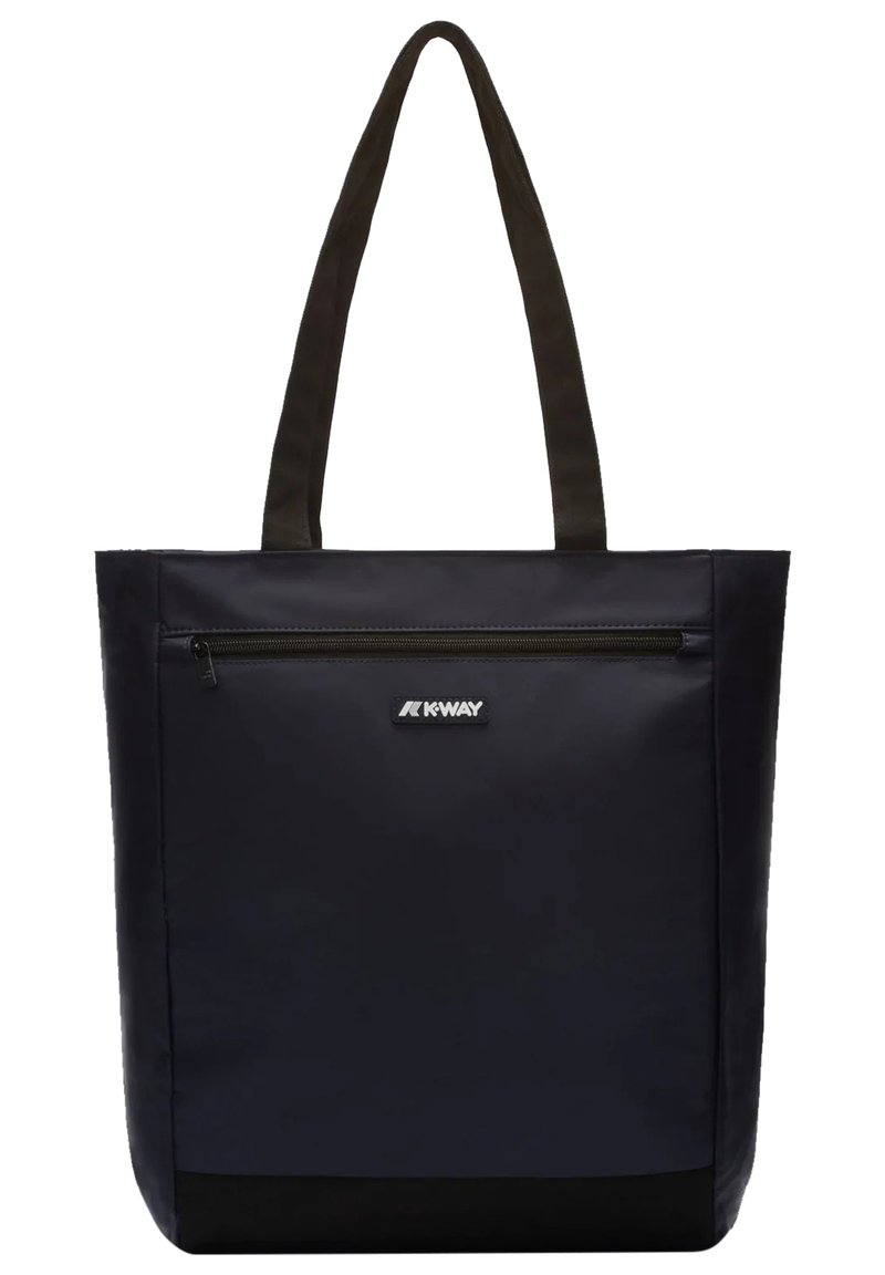 Borsa tote nera con una tasca frontale con zipper, realizzata in tessuto resistente, dotata di due manici robusti e un'etichetta con il logo.