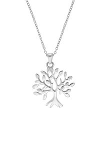 Srebrna zawieszka w kształcie drzewa na delikatnym łańcuszku, z misternymi gałęziami i liśćmi o wypolerowanym wykończeniu.
