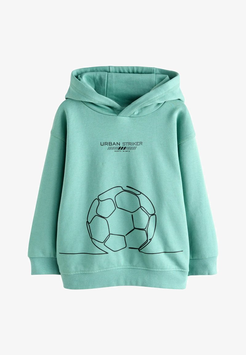 Sweat à capuche vert clair avec le texte "Urban Striker" et un motif de ballon de football en contour noir sur le devant.