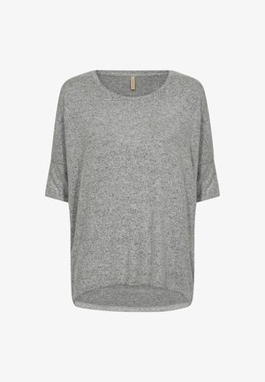 Szara, krótkiego rękawka bluzka wykonana z miękkiej, teksturowanej tkaniny. Posiada okrągły dekolt oraz luźny, oversize'owy krój z lekko zaokrąglonym dołem.