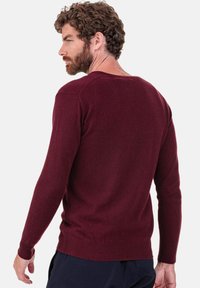 Maroon wool sweater, crew neckline, fitted long sleeves, ribbed cuffs and hem, smooth texture, classic design, seen from the back.