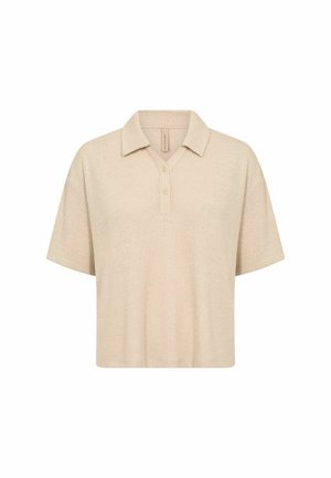 Beige poloshirt met korte mouwen, drie knopen en een gebreide structuur.
