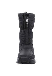 Bota de invierno negra impermeable con un eje acolchado, cierre de cremallera, cordón de tiro, suela de goma y parte superior texturizada para mayor durabilidad.