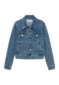 Veste en denim bleu à manches longues, fermeture à boutons sur le devant, deux poches poitrine à rabat avec boutons, et deux poches latérales fendues.
