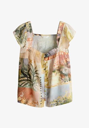 Lühikeste varrukatega linane pluus botaanilise ja abstraktse patchwork-trükiga, esikäepidemete ja ruudukujulise kaelusega.