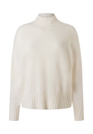 Cremfarbener Rollkragenpullover mit gerippten Details am Kragen und Saum, ausgestattet mit langen Ärmeln und einem weichen, strukturierten Stoff.
