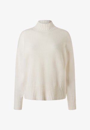 Cremfarbener Rollkragenpullover mit gerippten Details am Kragen und Saum, ausgestattet mit langen Ärmeln und einem weichen, strukturierten Stoff.