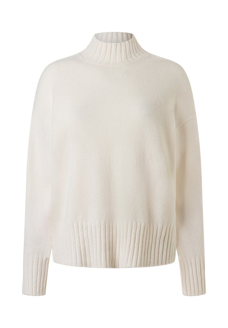 Cremfarbener Rollkragenpullover mit gerippten Details am Kragen und Saum, ausgestattet mit langen Ärmeln und einem weichen, strukturierten Stoff.