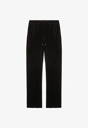 Schwarze Samthose mit lockerer Passform, Kordelzugbund und zwei vorderen Taschen. Glatte Textur und gerades Bein-Design.