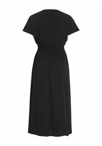 Čierne midi šaty s krátkymi rukávmi, elastickým pásom a splývavou látkou. Hladká textúra, minimalistický dizajn a dĺžka po kolená.