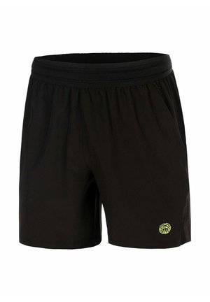 Zwarte sportshorts met elastische tailleband en klein geel logo op het linkeronderbeen, weergegeven op een effen witte achtergrond.