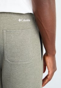 Pantaloni jogger din bumbac gri, cu un buzunar la spate și un logo alb Columbia pe talie. Textura este moale și netedă.